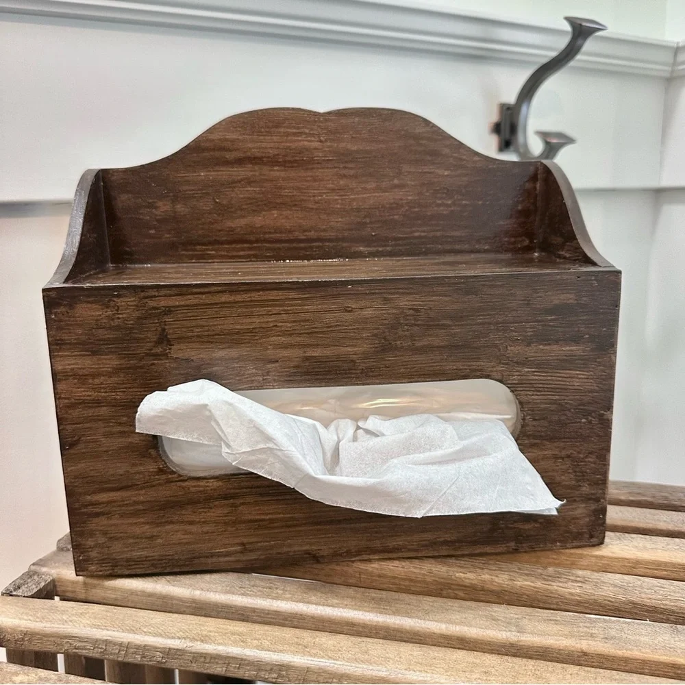 Vintage Primitive Rustic Wooden Rectangular Tissue Box Cover Wall Holder Rare